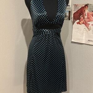 Blue & black polka dot halter dress with tie back detail